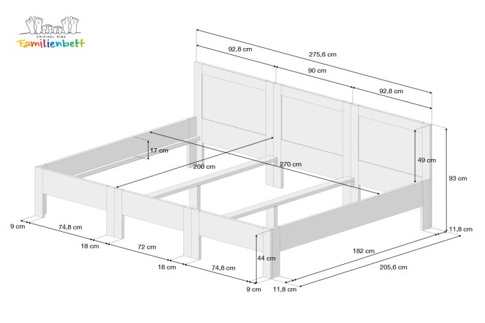 Letto familiare RÜGEN | Faggio - laccato bianco (240-270x200 cm)