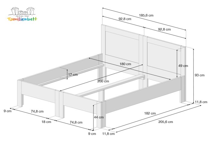 Familienbett RÜGEN | Buche - weiß lackiert (240-270x200cm)